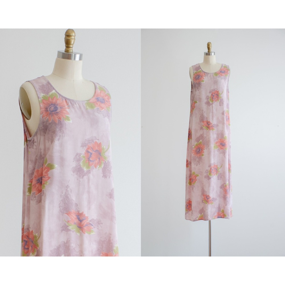 Vintage Maxi Dress 90s Floral Sunflower M Lavender Mauve Rayon Sleeveless Long